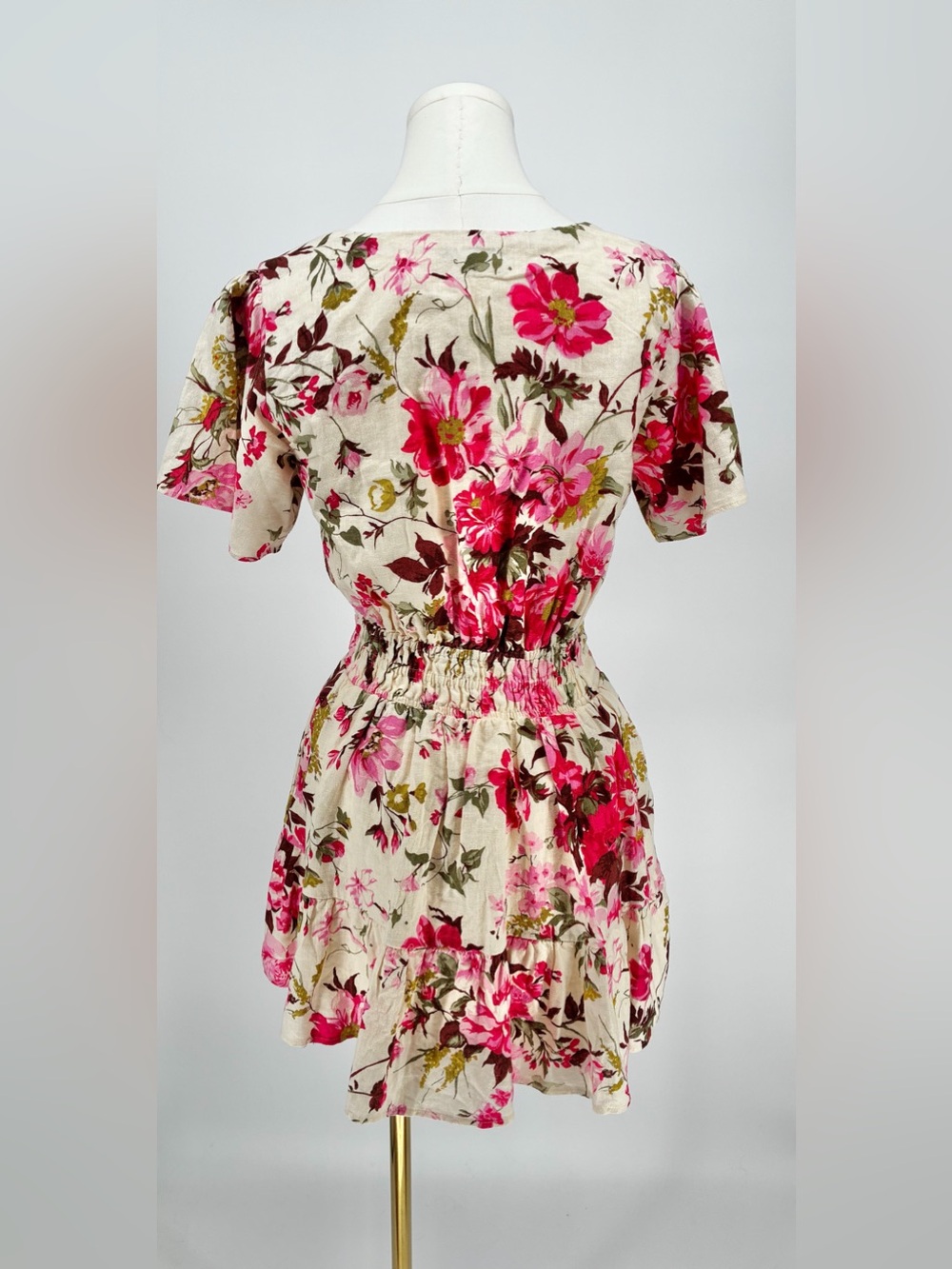 Abercrombie Floral Smocked Waist Linen Blend Flutter Sleeve Tiered Mini Dress SP - Picture 10 of 13